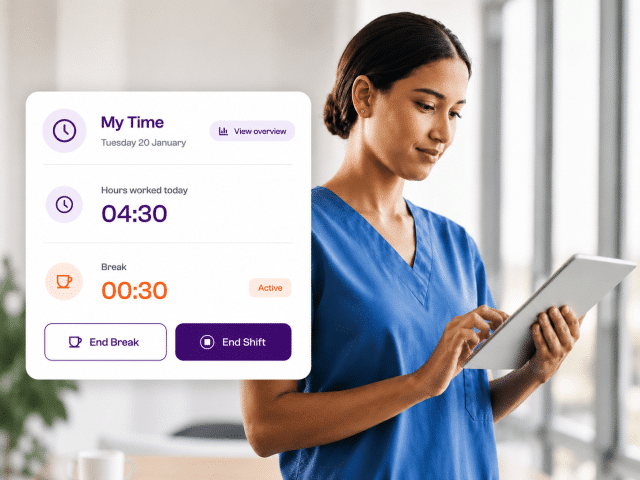 Planpoint employee time tracking interface showing hours worked today, an active break and options to end the break or finish the shift.
