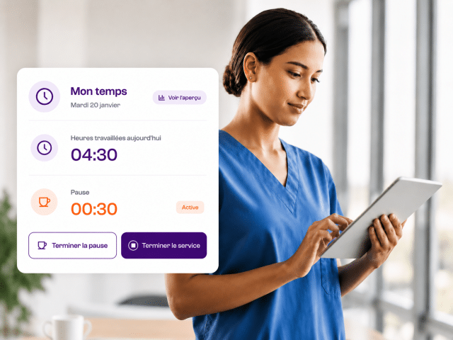 Interface Planpoint de gestion du temps permettant à un collaborateur de consulter ses heures travaillées, une pause en cours et les actions pour terminer la pause ou le service.