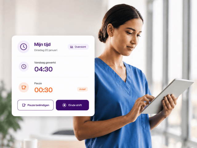 Registreer eenvoudig gewerkte uren, beheer pauzes en beëindig een dienst vanuit één overzichtelijke tijdregistratie-interface.