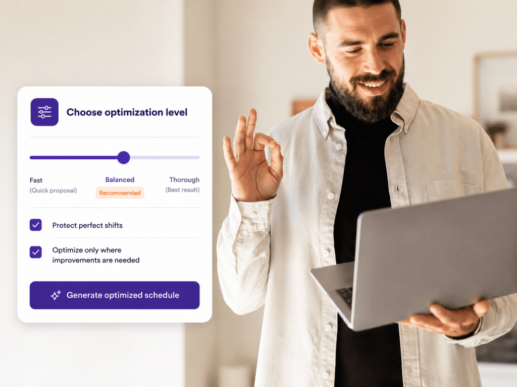Planner kiest in Planpoint Smart Planner hoe intensief een werkrooster wordt geoptimaliseerd, met opties om perfect ingevulde diensten te beschermen en alleen te optimaliseren waar verbetering mogelijk is.